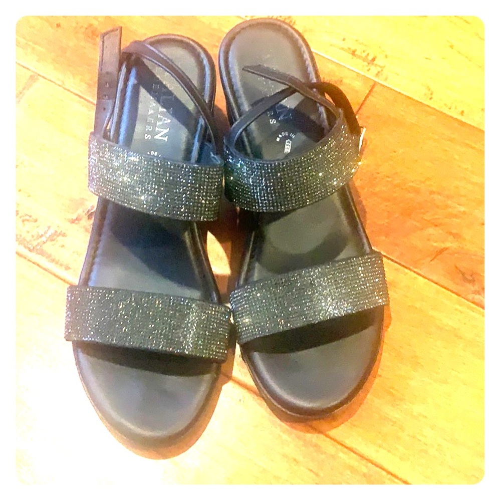 Cute shiny black wedged sandals